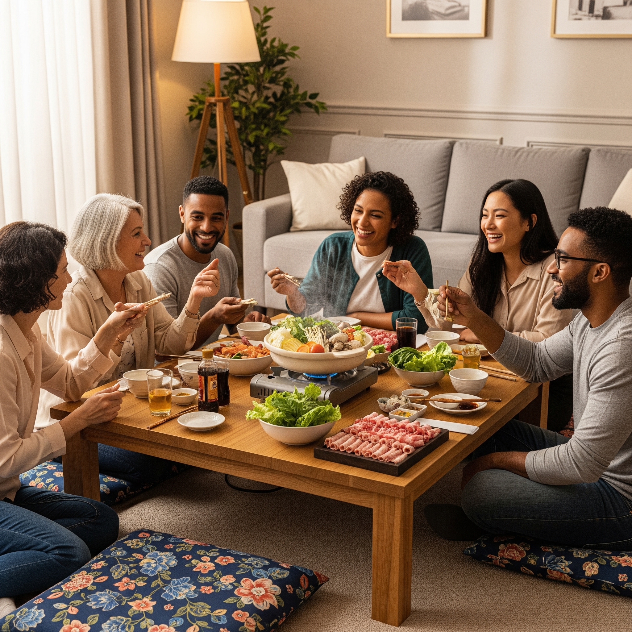 fundraising event with Japanese hot pot bowls, people gathered around tables with promotional materials, community fundraiser