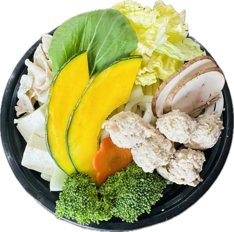 MicrowavaBOWL from above with udon, tsukune, kabocha, broccoli, tofu, won bok, mushroom, and pak choy