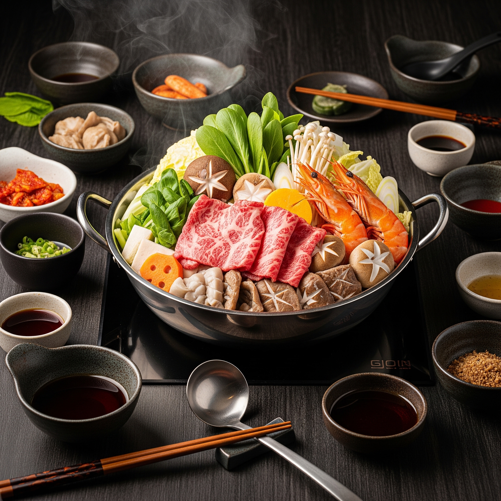 hot pot bowl with vegetables, meat and broth steaming in a traditional hot pot style, appetizing food photography