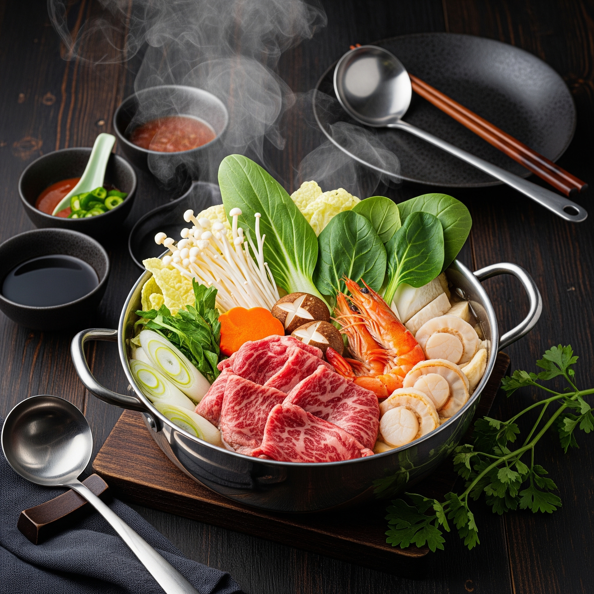 hot pot bowl with vegetables, meat and broth steaming in a traditional hot pot style, appetizing food photography