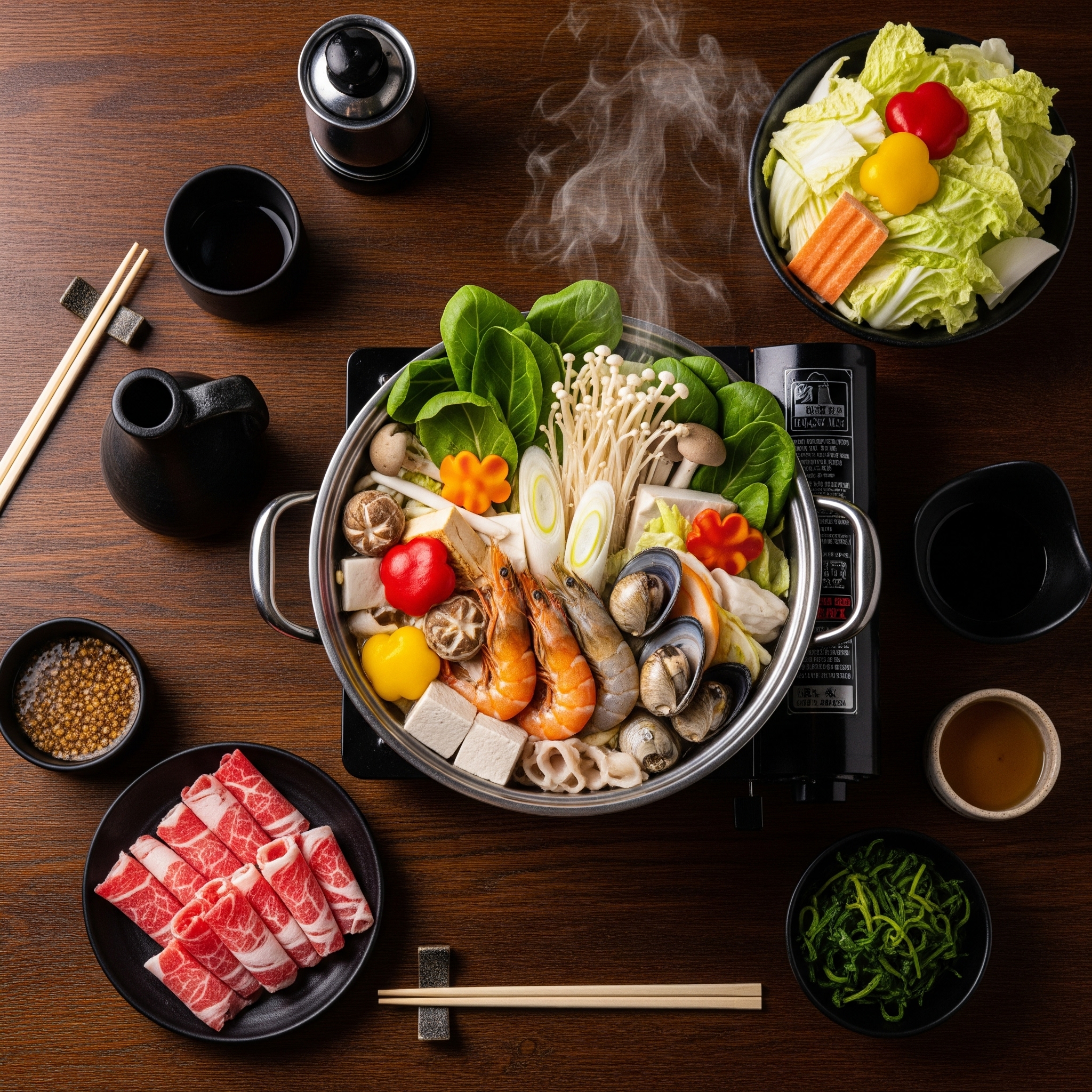 fundraising event with hot pot bowls and people, community gathering, promotional materials with red and black colors