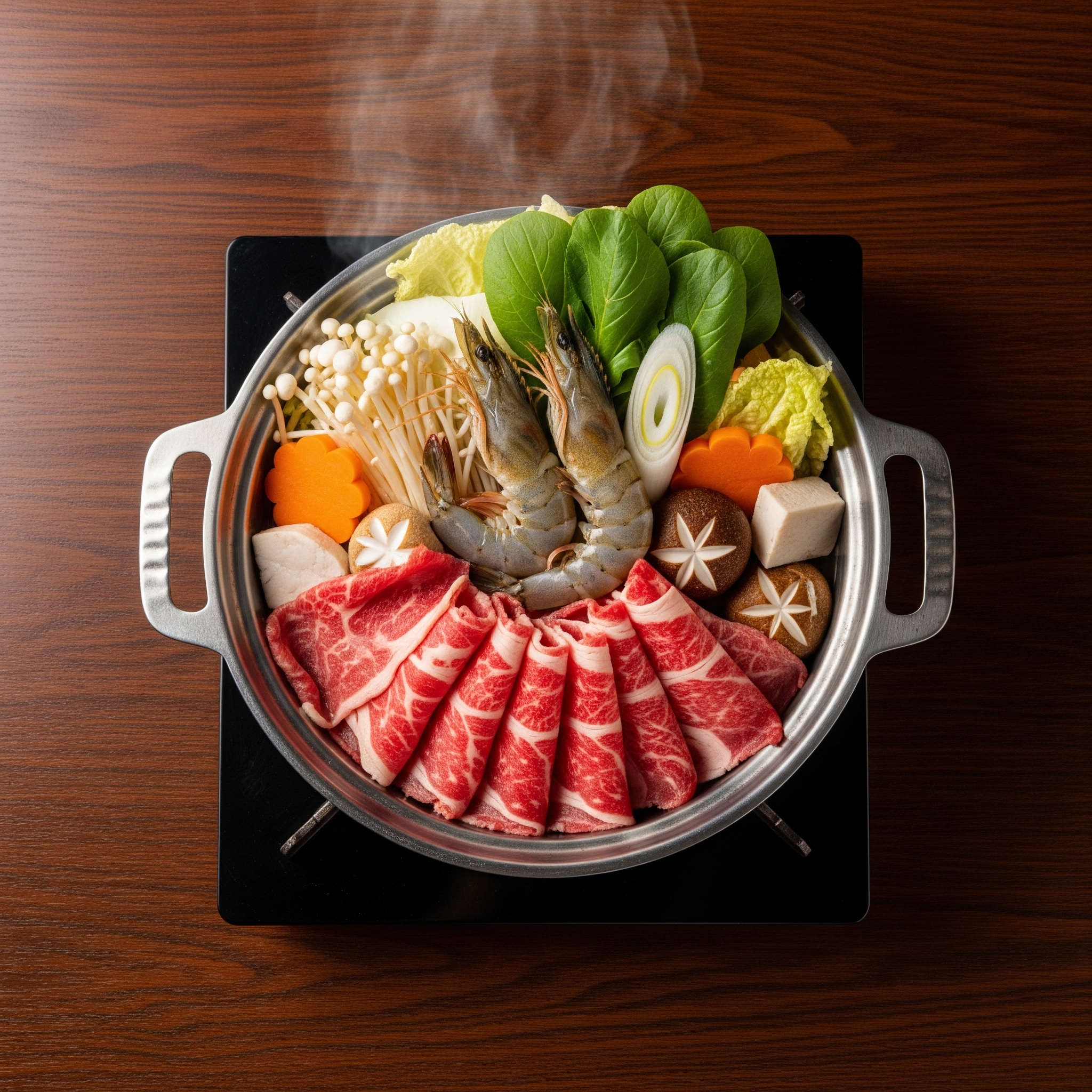 hot pot bowl with vegetables, meat and broth steaming in a traditional hot pot style, appetizing food photography