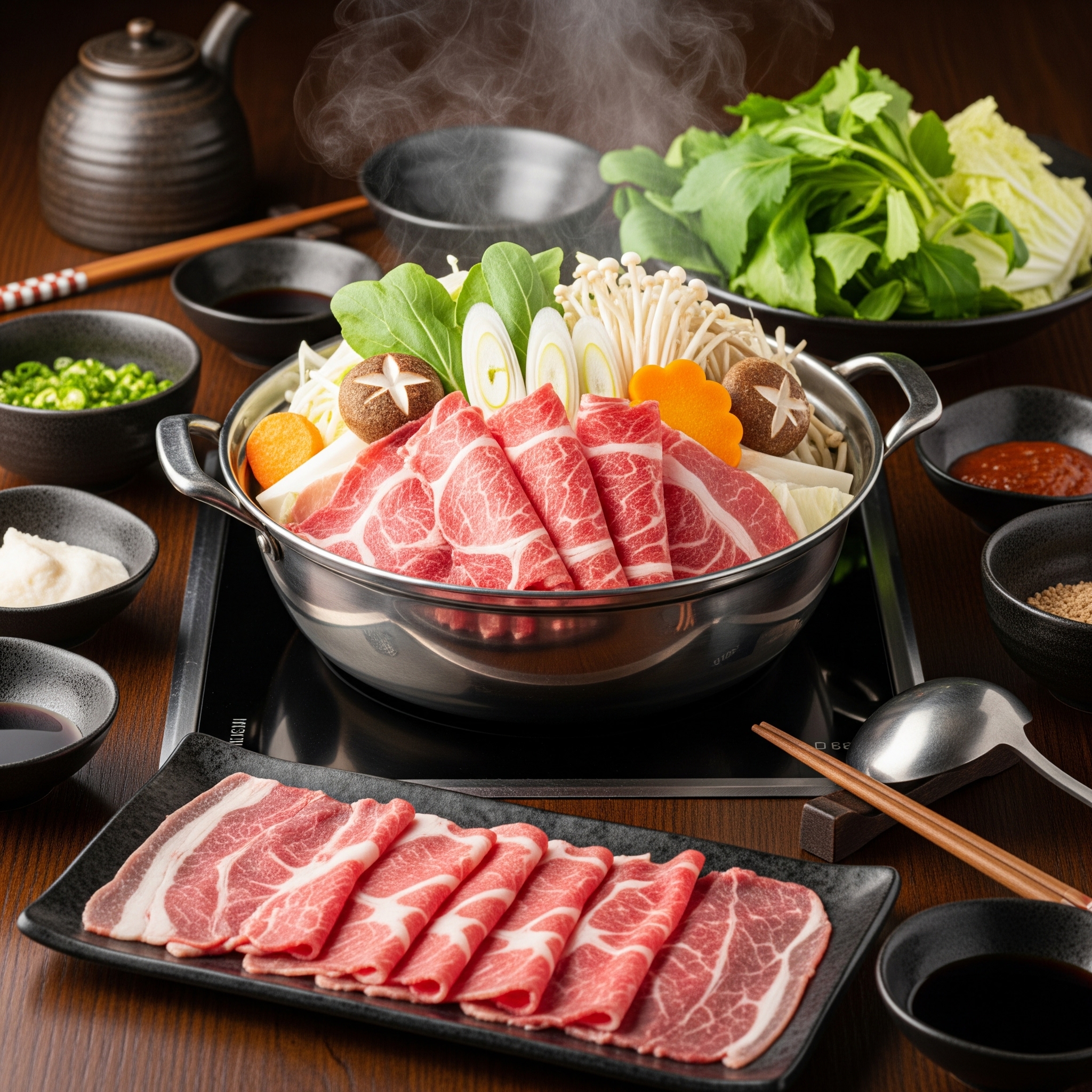 hot pot bowl with noodles, vegetables and meat, ready to eat, appetizing food photography