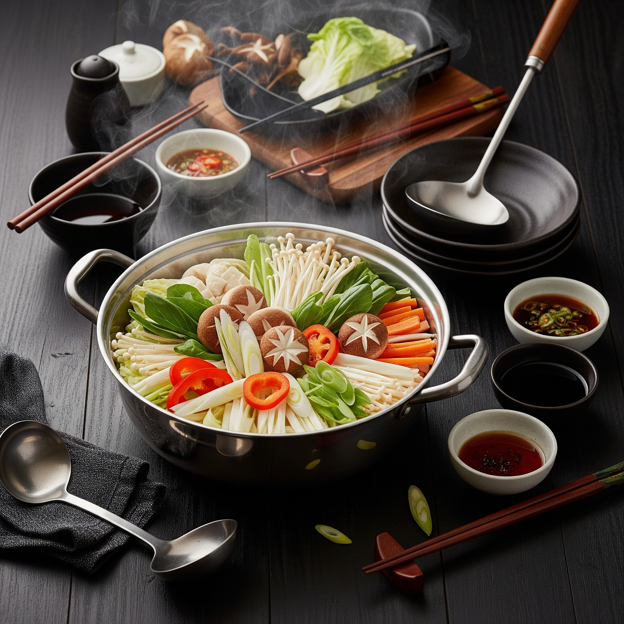 vegetarian hot pot with mushrooms, tofu and vegetables in savory broth, food photography